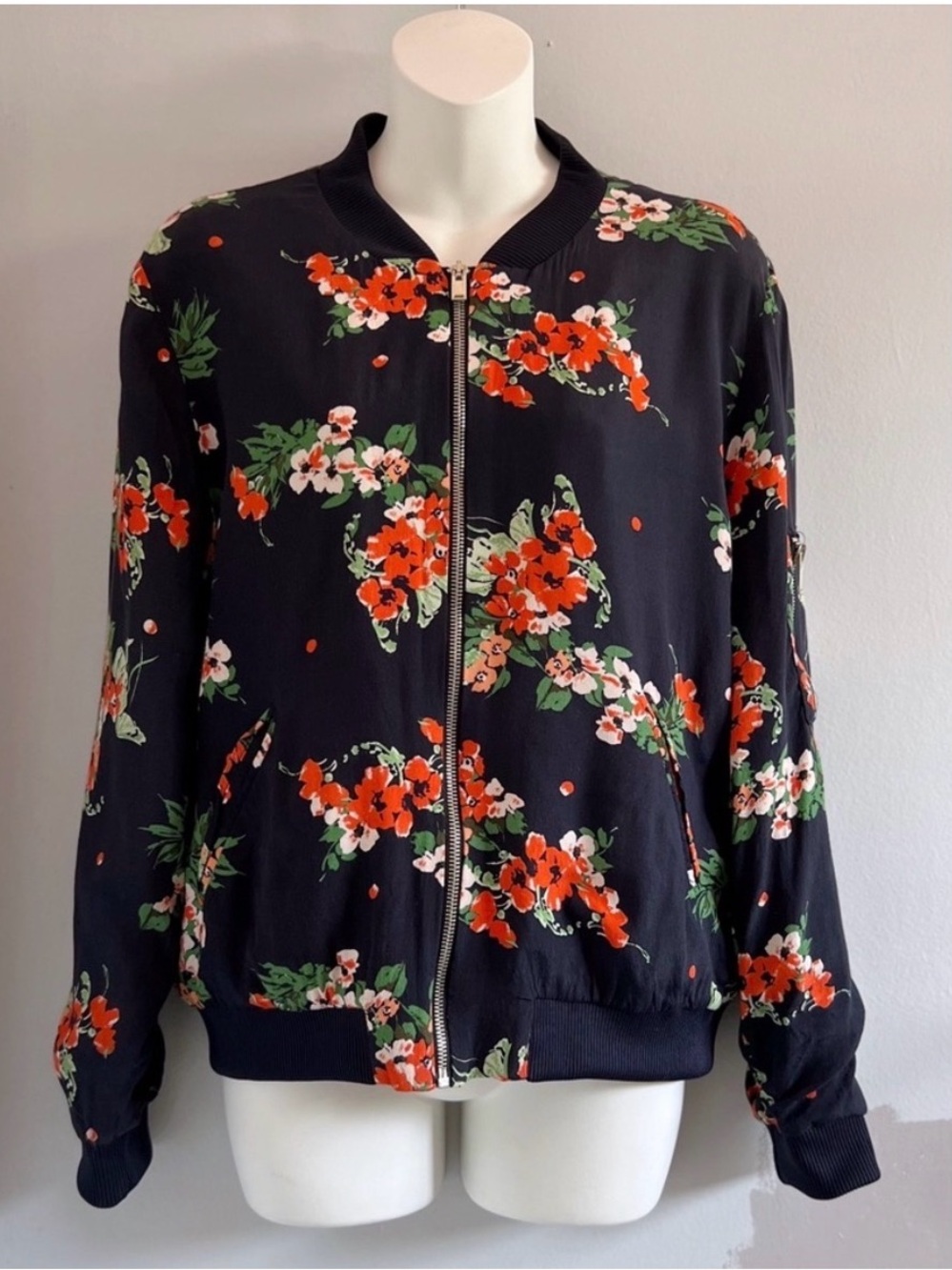 Zara Floral Lightweight Bomber Jacket in Black • L